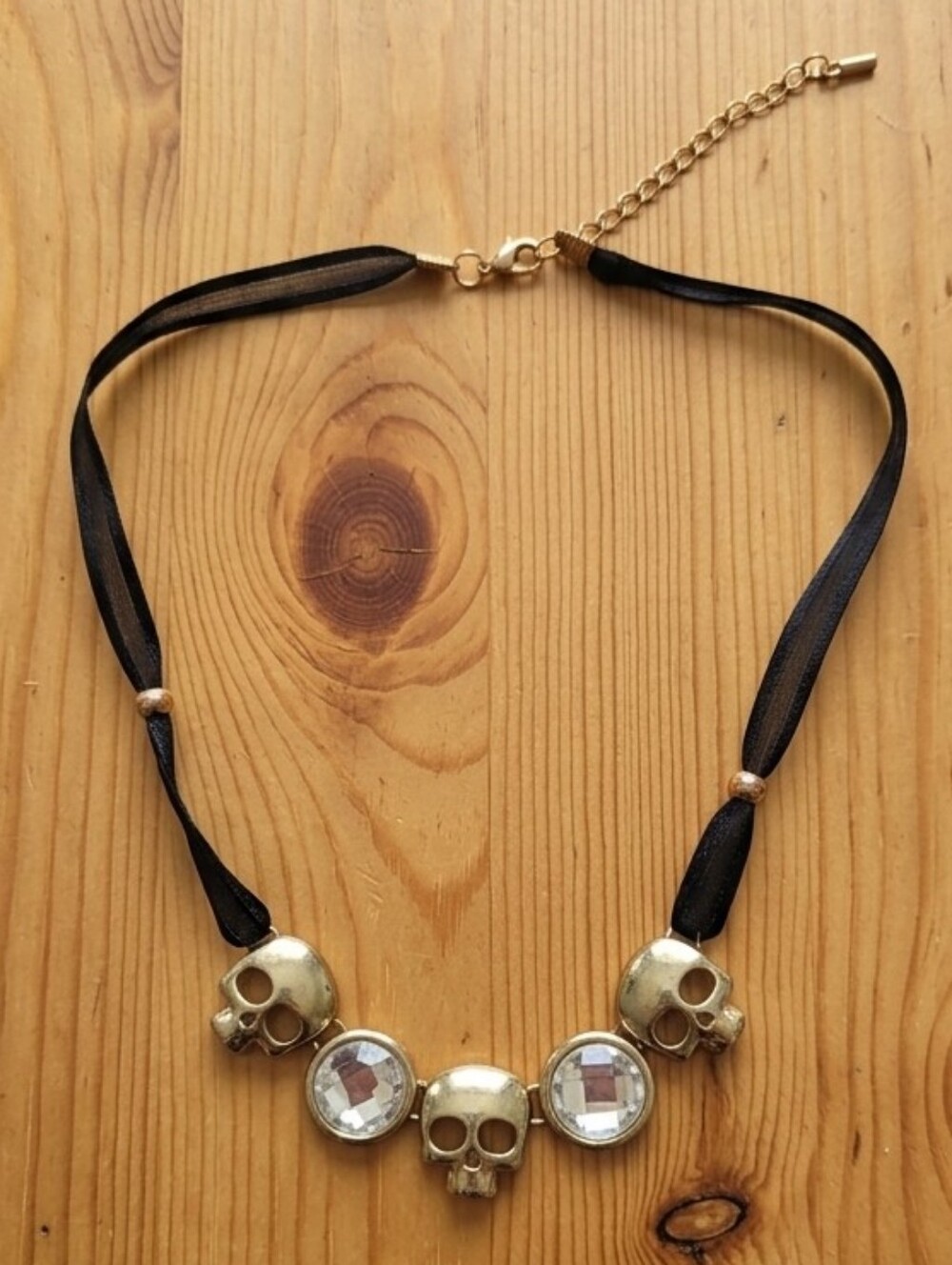 (2/15$)Gold Skull Accent Necklace with Black Ribbon